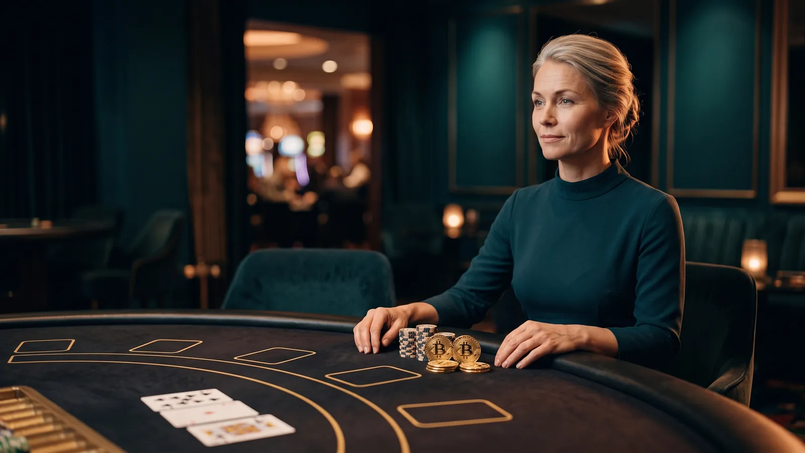A croupier at a table in a petrol-teal lounge, beside a stack of chips three gold tokens with bitcoin symbols