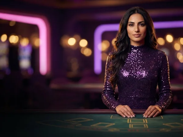Lobby-style demo game card: portrait crop of the croupier at a violet neon lounge table