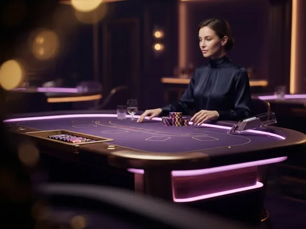 Lobby-style demo game card: 3D render of an empty futuristic violet baccarat table, no dealer