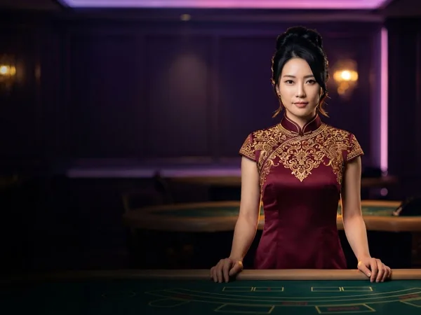 Lobby-style demo game card: portrait crop of the croupier at a oriental table