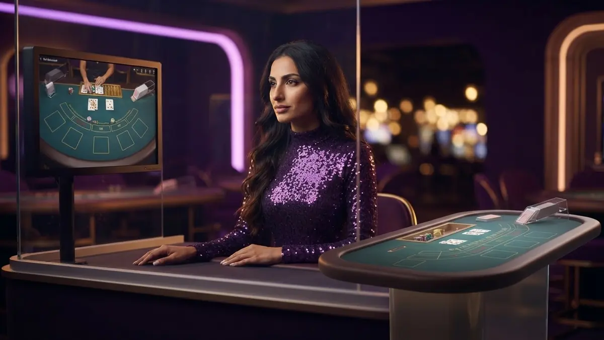 A croupier behind studio glass watching a live game on a monitor, next to her a 3D virtual first-person baccarat table