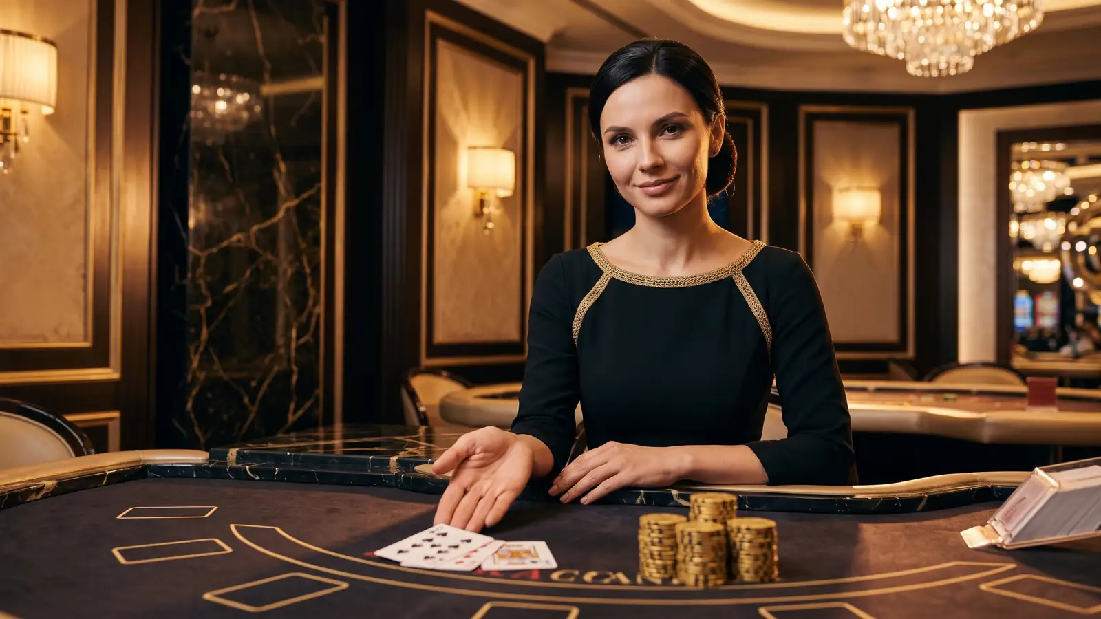A croupier stands at a baccarat table in a golden salon making a welcoming inviting gesture toward the viewer