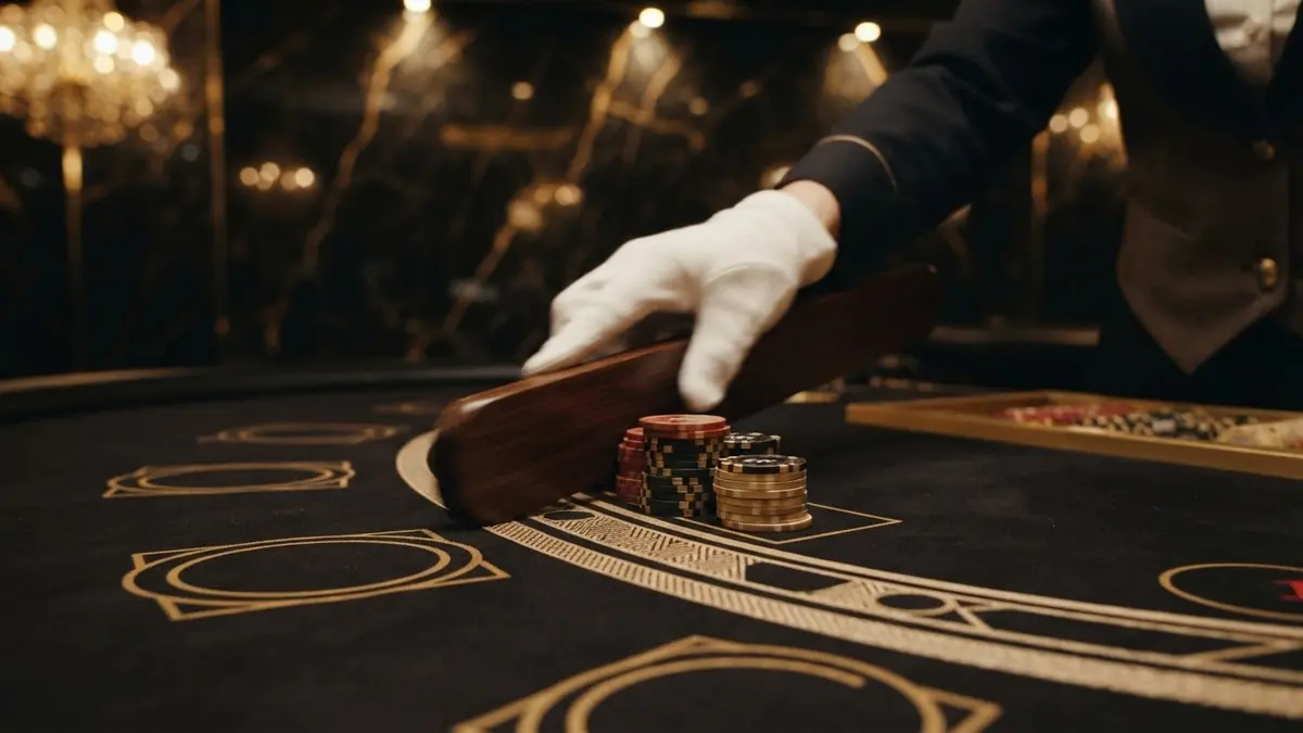 Close-up of a croupier's hand in a white glove pushing casino chips with a wooden dealer paddle toward a betting area on the felt