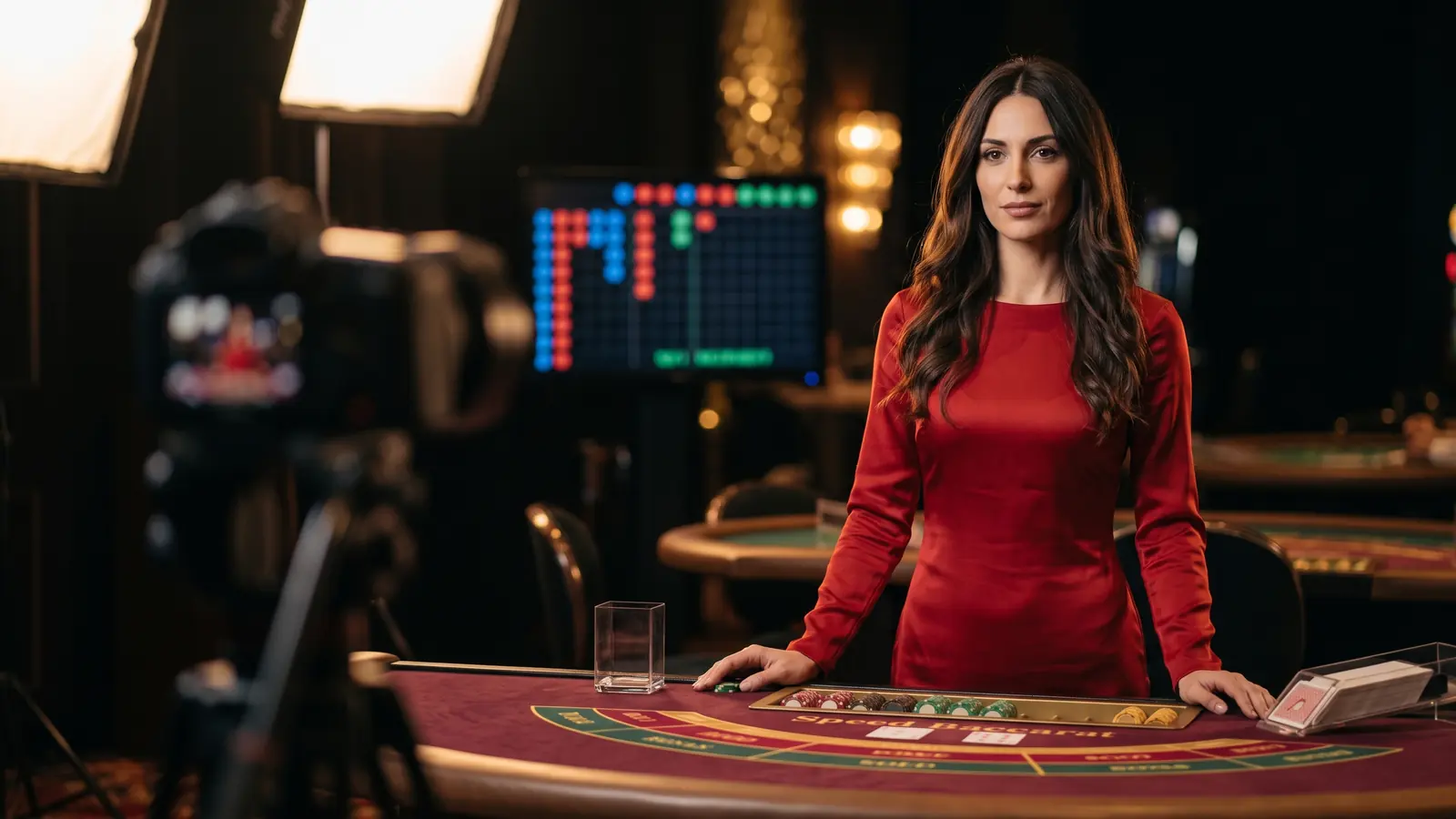 A croupier in a red silk dress at a live studio baccarat table, soft studio softboxes