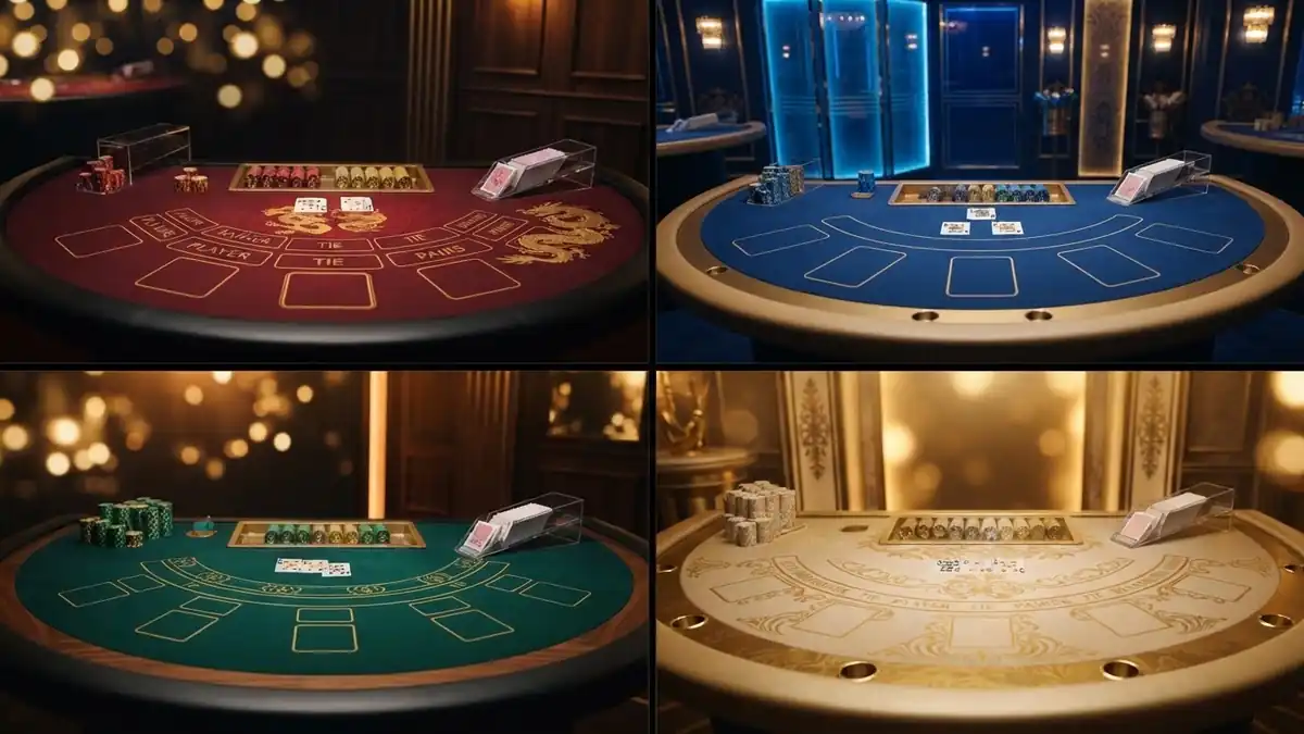 Collage showcase of four live casino studio tables in different styles: red, blue, green and gold