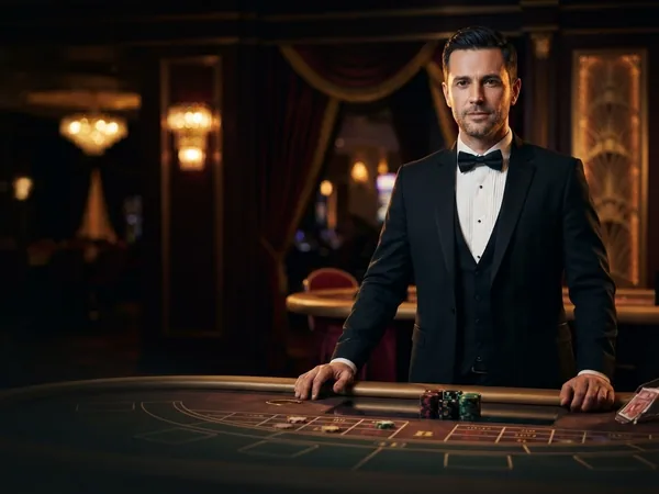 Lobby-style live table card: portrait crop of the croupier dark green and gold studio table