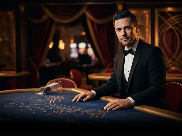 Lobby-style live table card: portrait crop of the croupier deep blue space-themed studio table