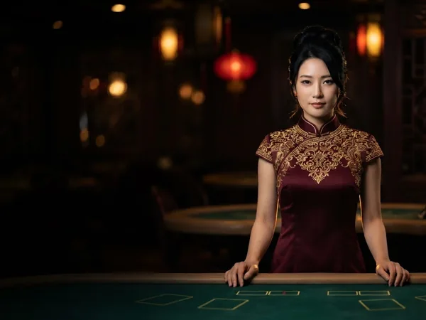 Lobby-style live table card: portrait crop of the croupier oriental burgundy table