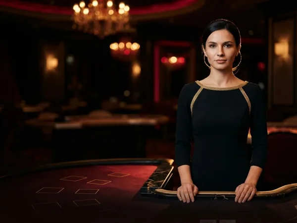 Lobby-style live table card: portrait crop of the croupier golden salon table
