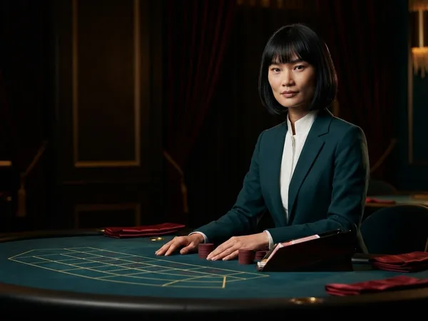 Lobby-style live table card: portrait crop of the croupier turquoise lounge table