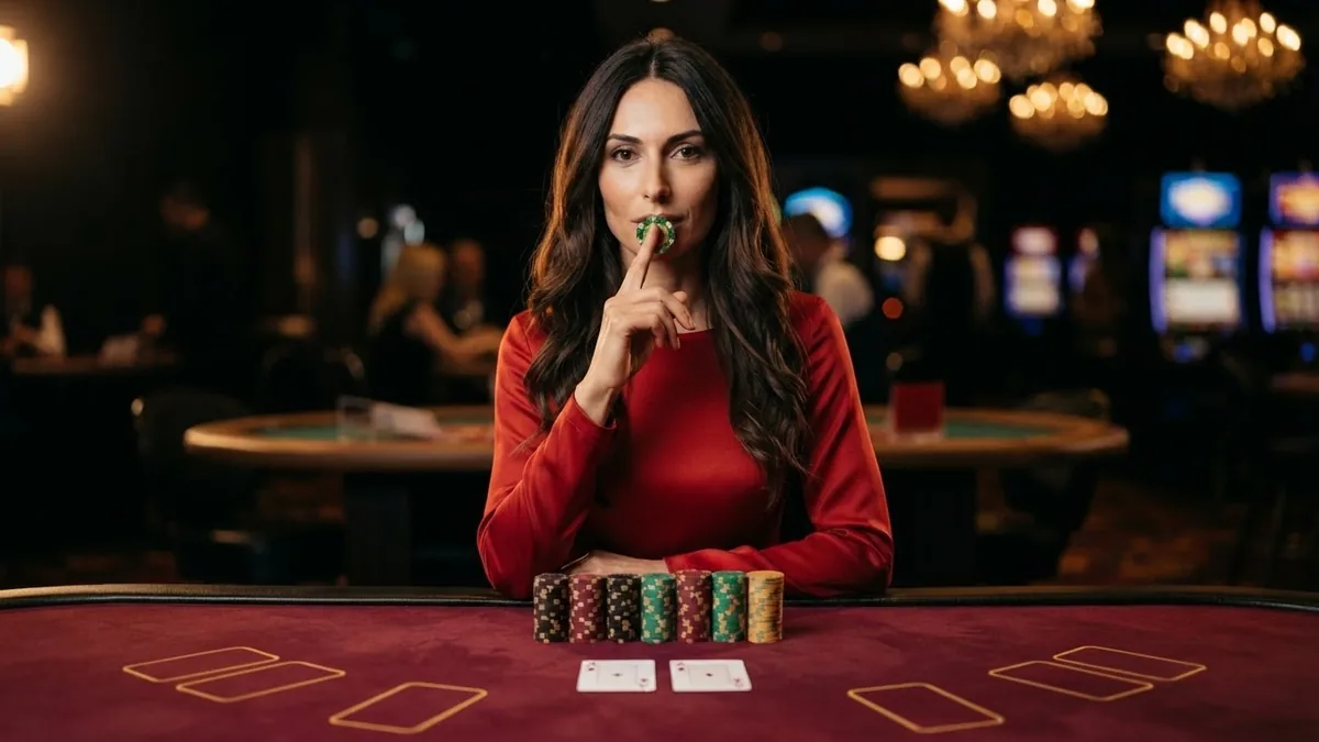 A croupier holding a chip between two fingers near her lips in a 'quiet' gesture, a neat even stack of chips on the table