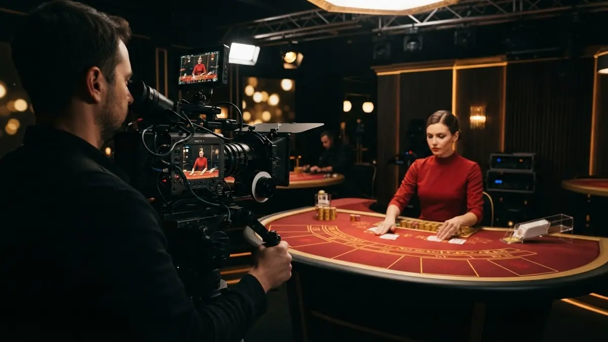 View from behind a camera operator's shoulder: a live casino broadcast studio with lights, a baccarat table