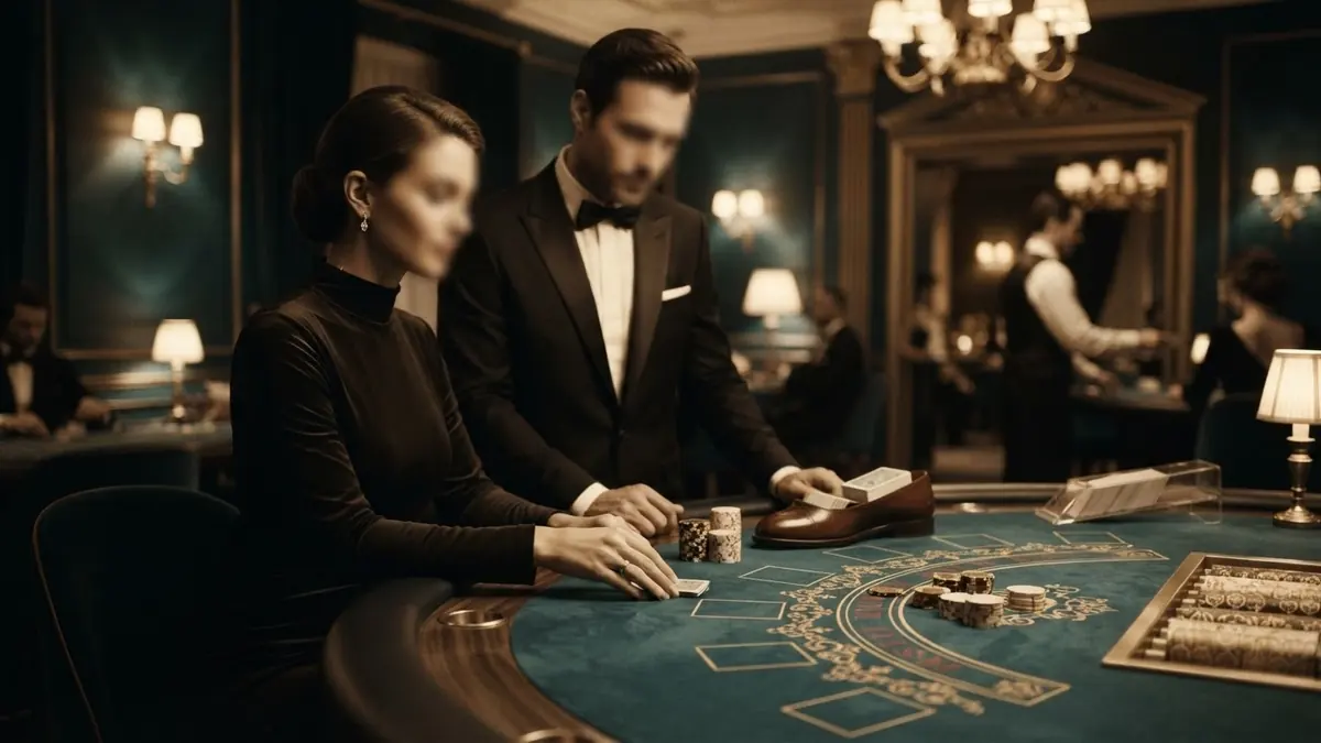 Vintage sepia photograph style: a 1950s casino hall, a lady in an evening gown and a man in a tuxedo at a chemin de fer table