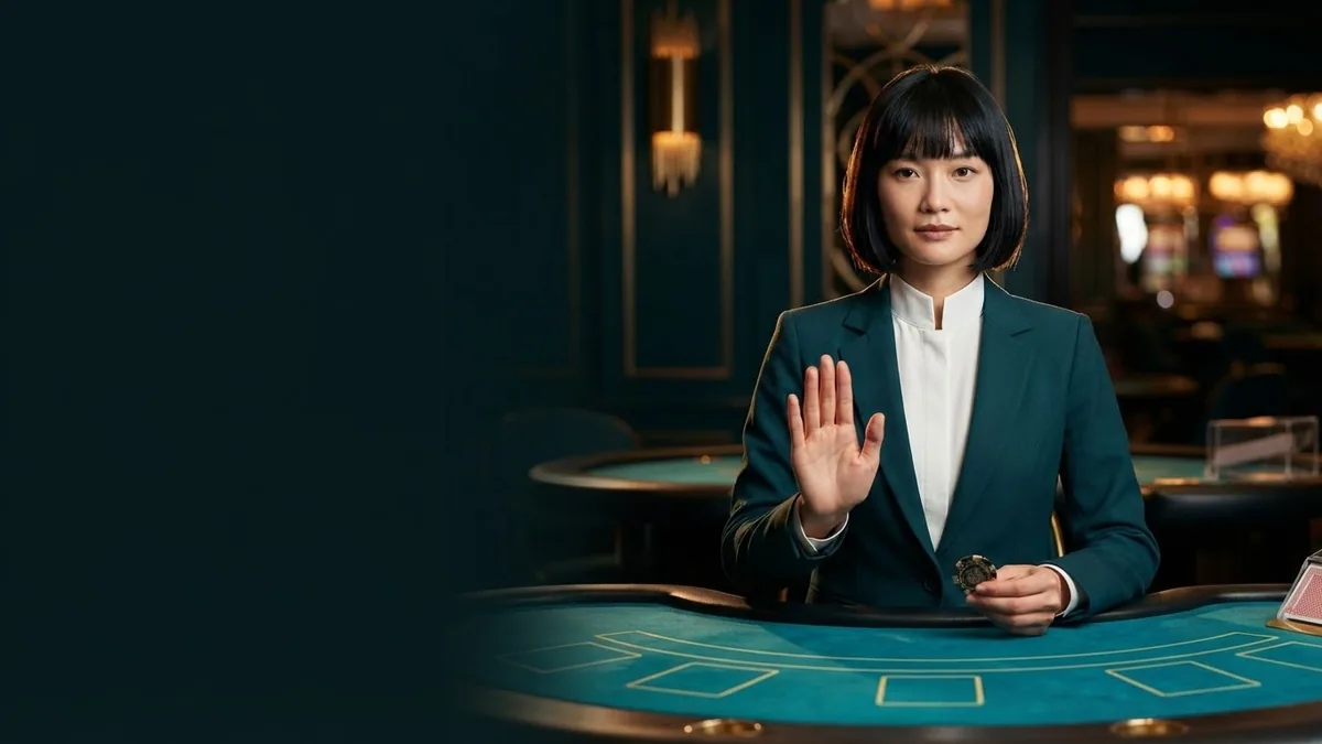 A croupier making a gentle 'stop' gesture with her open palm, holding a chip in the other hand, empty dark space on the left side