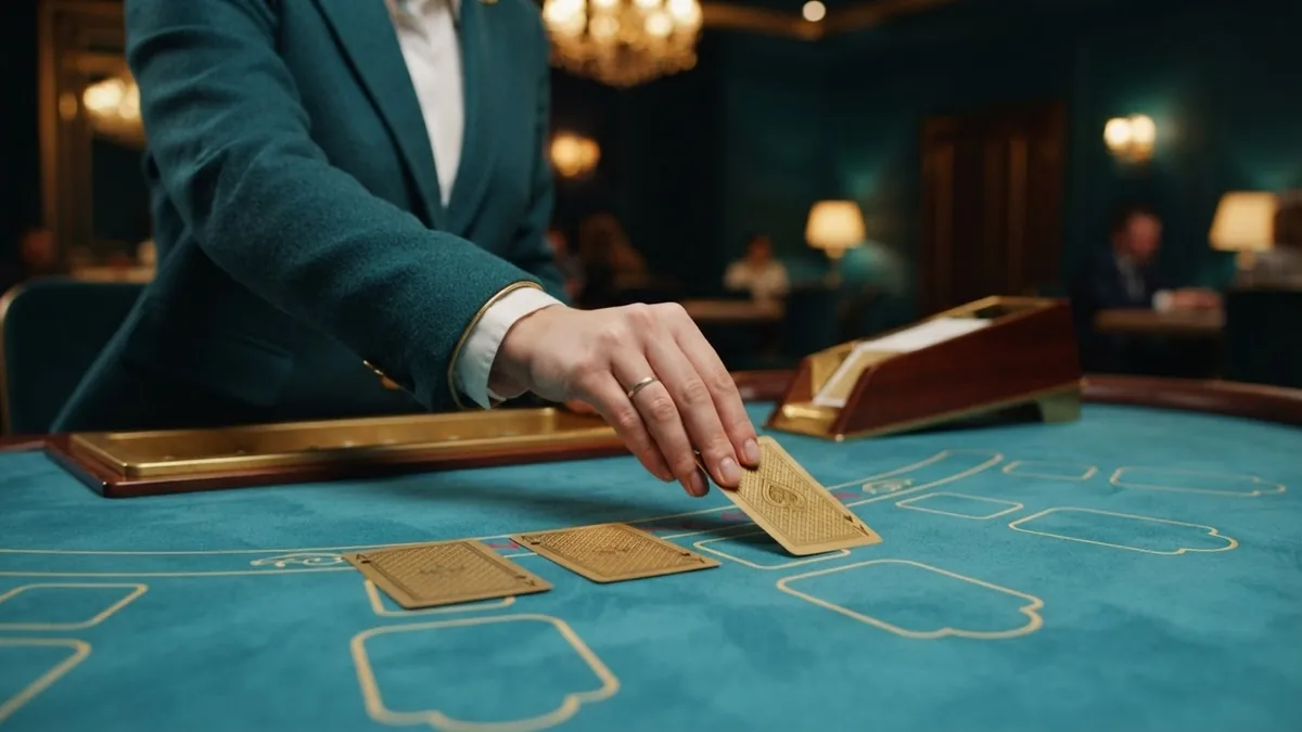 Close-up: a croupier's hand in a teal jacket sleeve slides a third card from the card shoe toward two cards already lying on