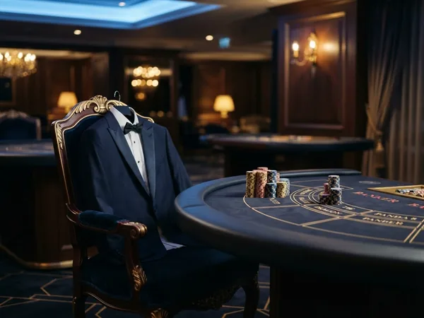 A tuxedo jacket hanging on the back of an elegant chair next to a baccarat table