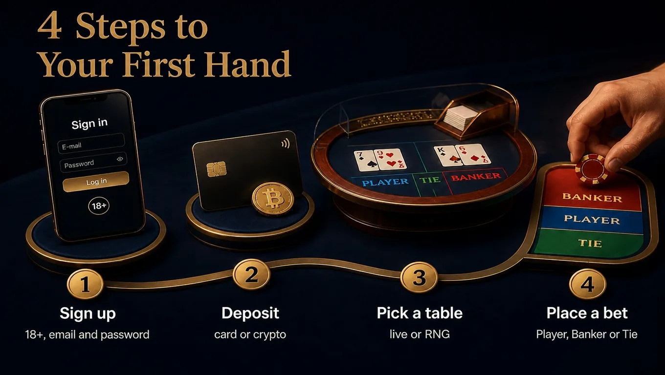 Four steps: sign up, deposit, pick a table, bet
