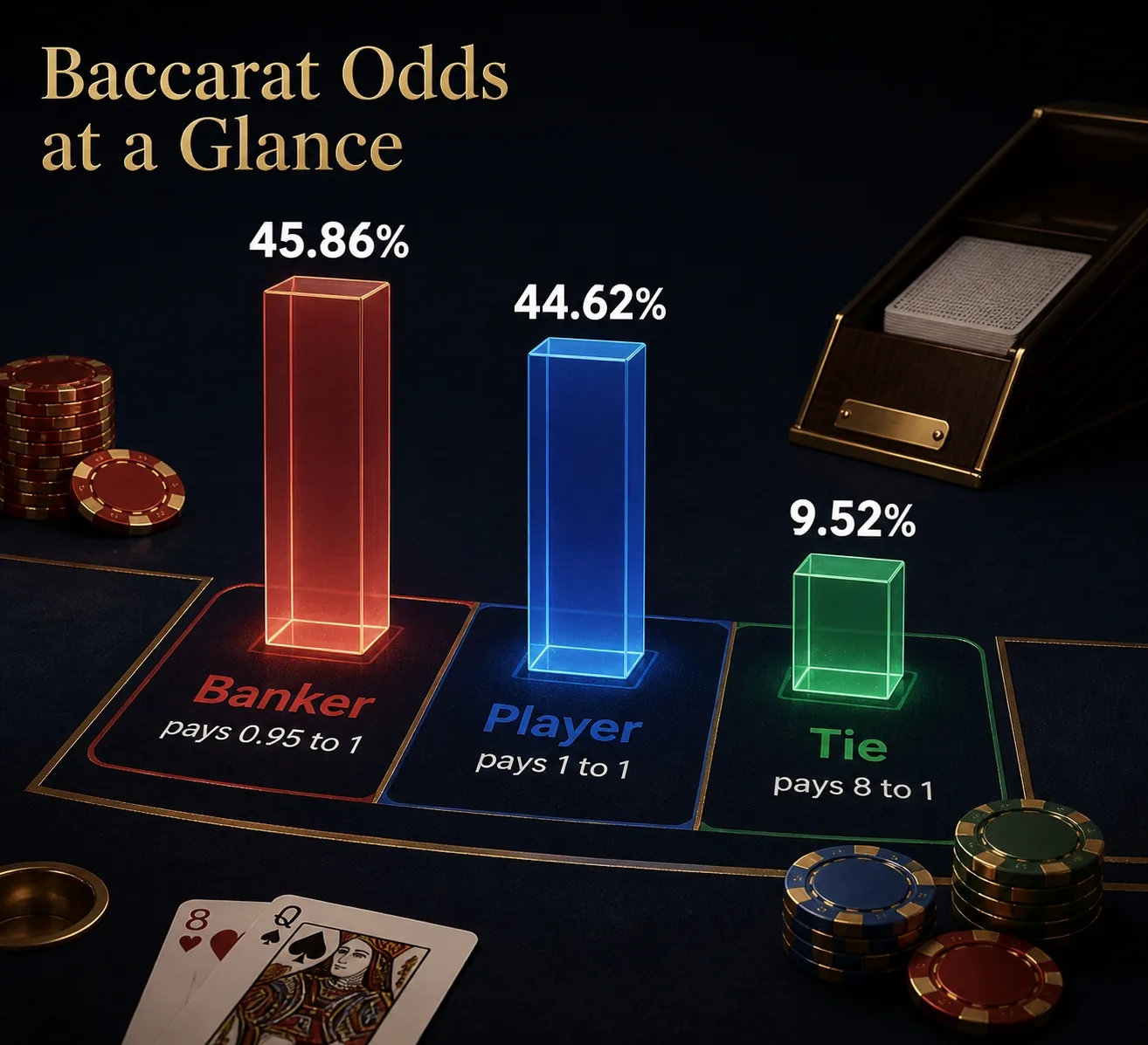 Win probability and payout for Banker, Player and Tie